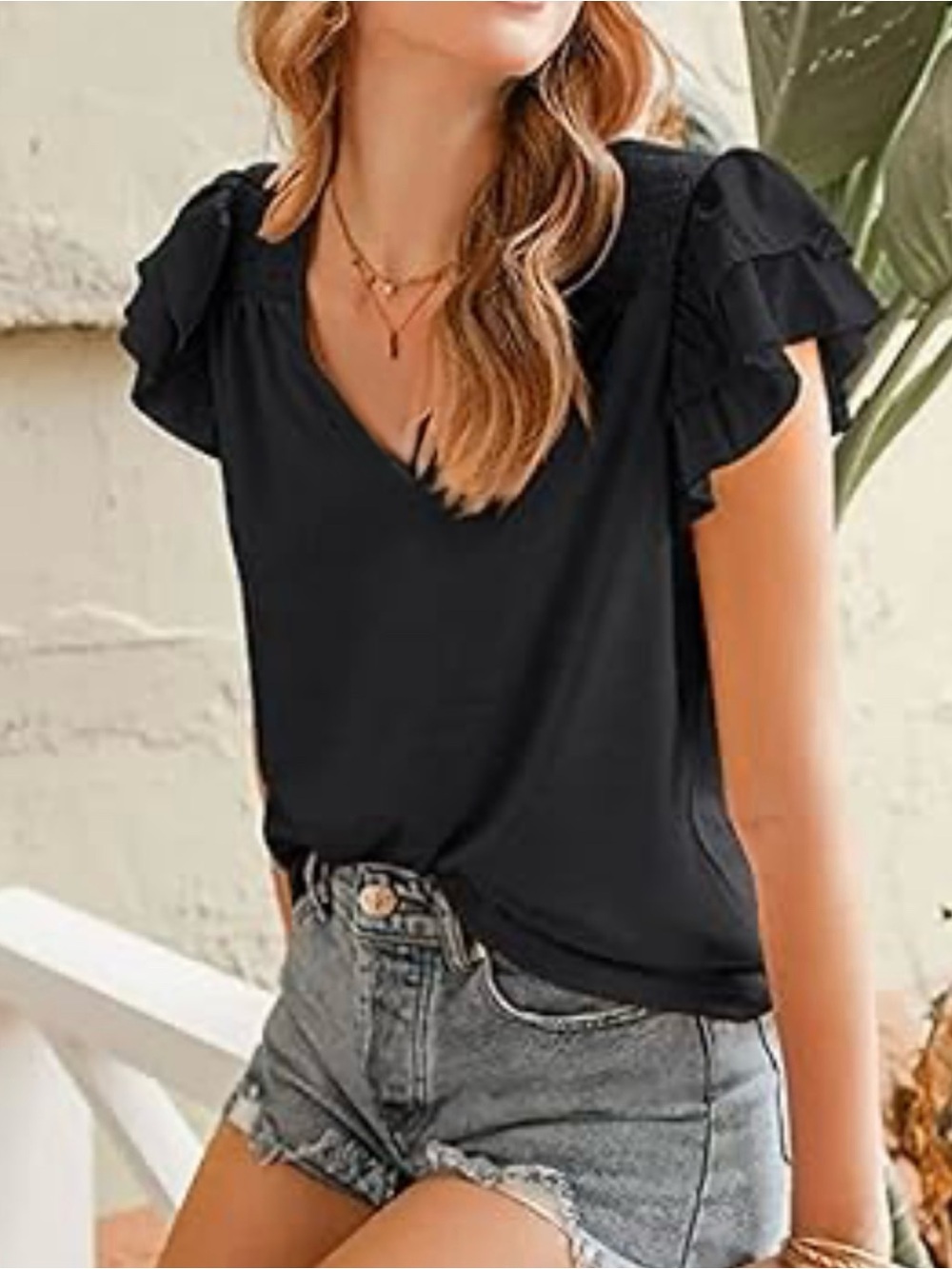 a new day Black Ruffle Sleeve Rounded-neck Neck Large top